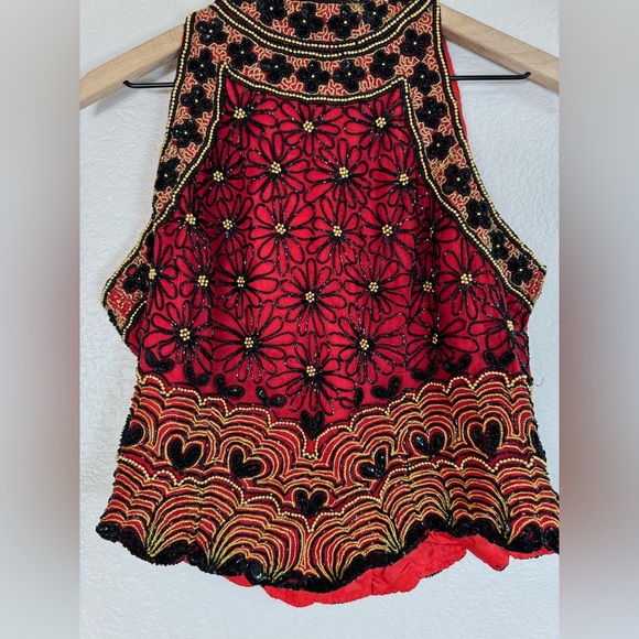 Papell Boutique Evening 100% Silk Beaded Sequin Halter Blouse Black Red size L - Picture 5 of 11